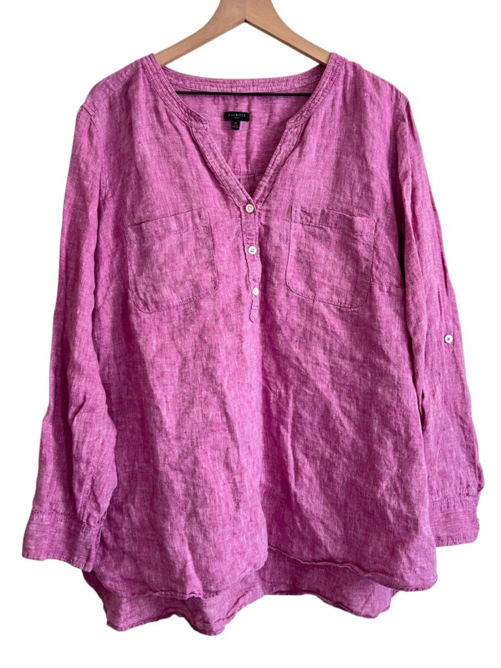 Talbots Mulberry Side Button Linen Band Collar Popover Shirt